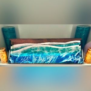 NWO Tags:Large Ocean Wave Maple & Epoxy Resin Charcuterie Board w/Black Handles.